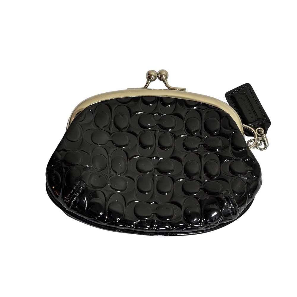 Coach Black Patent Signature C Kiss Lock Coin Purse Mini Pouch Y2K McBling